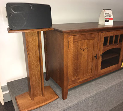 QWP Speaker Stands. Shown with optional speaker and TV console.